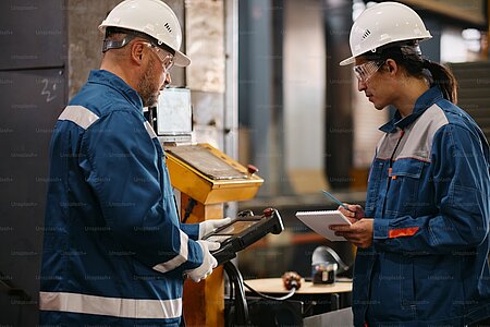 Twee ingenieurs in veiligheidshelmen bij een machine in een industriële omgeving